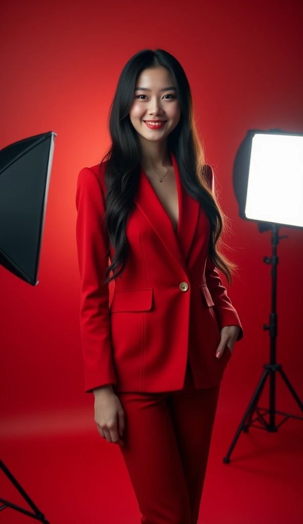 A cinematic medium shot of a full body shot of a woman standing near the softbox lighting post in a red photography studio. The lighting is soft. The woman has a stunningly delicate cute face, perfect eyes, double eyelids, and long straight black hair. She...