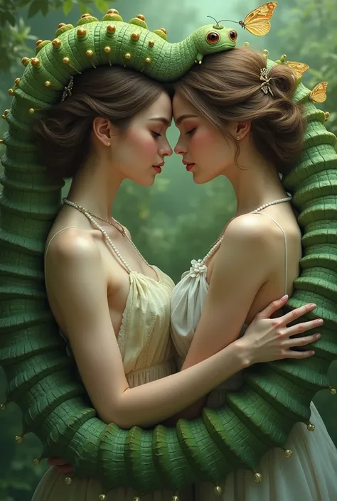 
caterpillars lower body and upper body beautiful girls hugging each other