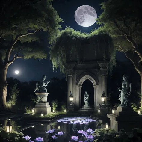 A serene, moonlit garden filled with exotic dark flowers and twisted vines. The sky is a deep indigo, with a full moon casting a soft, silvery light over the scene. Fireflies glow in the air, and a small pond reflects the moonlight. There are ancient stone...