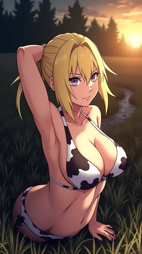 Tsunade,cow suit , bikini,sexy,low-cut,background field of grass and vein and sun(artwork)(NSFW).