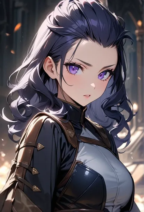 Solo, 1 women, dark blue hair, purple eyes, (((high quality))), masterpiece, detailed face, Bangs Pinned Back, missy hair, beautiful, noble combat clothes, long curly hair, fantasy combat clothes