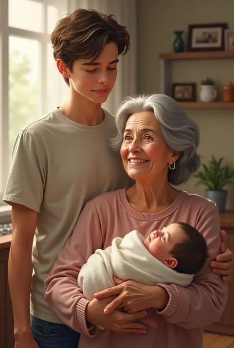 Grandmother with brown hair with teenage grandson and newborn granddaughter 