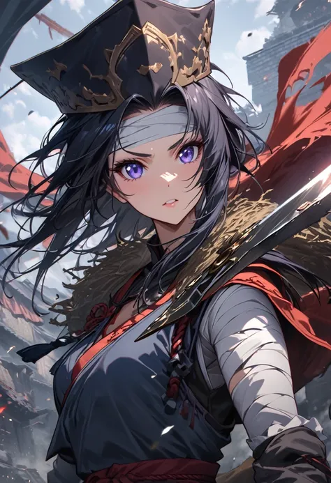 Ninja girl anime from feudal Japan, Super beautiful, (((forehead bandaged))), ((( feudal hat))), ((Masterpiece:1.2)), ((Highest quality)), (((Upper body covered))),close up, Carrying the sword of Katana, urban samurai, Anthem game inspiration, epic picture...