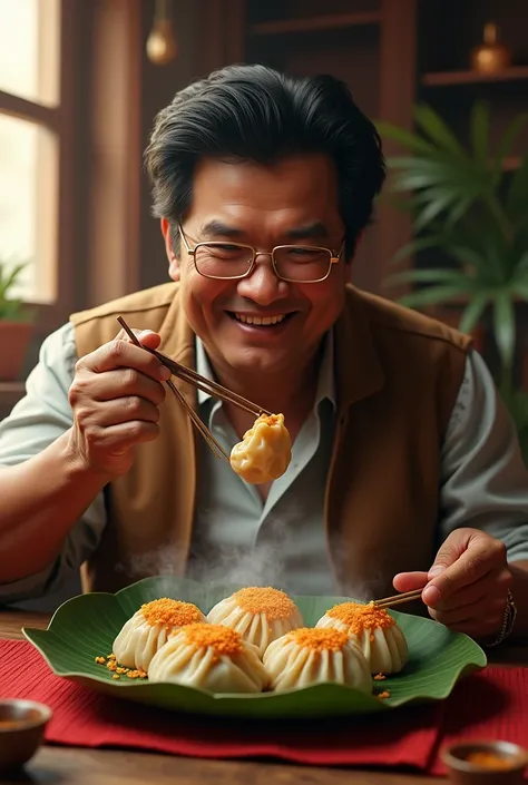 Make ai photo Rajesh Hamal( Nepali legend actor) eating tapari momo