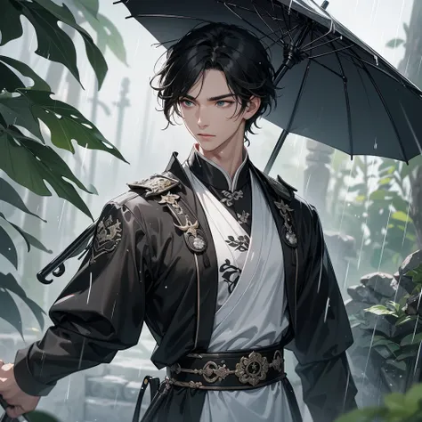 A Handsome black-hair male holding a large sword in black-white ancient chinese costume, close up.

Stand holding an umbrella to protect from the rain. Rain fell and splashed around. There are water droplets falling on the leaves in the surrounding area, g...