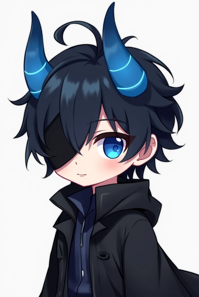 STICKER CUTE CHIBI BOY black hair blue eyes two blue horns black mask covering the entire left part of the face with a black coat appearing from the waist up