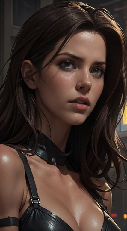 Hyperrealistic close-up photo of Kate Beckinsale, work of art, best qualityer, (photorrealistic:1.4), Create dystopian work of arts. Depict the cityscape in the gritty style of the game&#39;s concept art. This work should evoke a feeling of abandonment and...