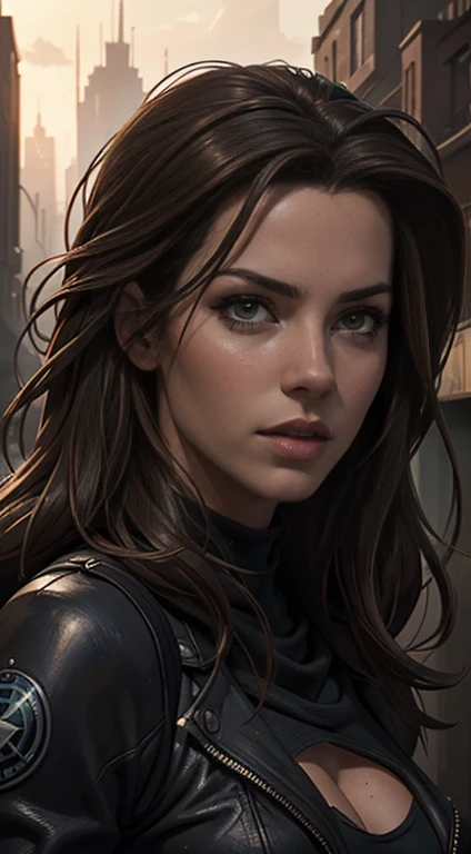 Hyperrealistic close-up photo of Kate Beckinsale, work of art, best qualityer, (photorrealistic:1.4), Create dystopian work of arts. Depict the cityscape in the gritty style of the game&#39;s concept art. This work should evoke a feeling of abandonment and...