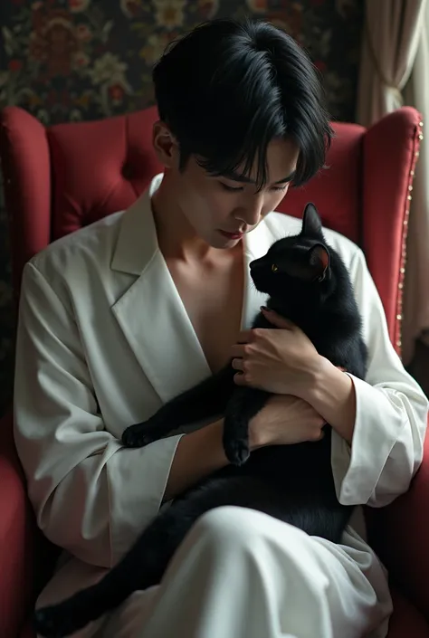 (photorealism:1.2), a 20 years old handsome and innocent biracial filipino-korean seminarian man, sitting on chair, white color outfit, holding a black cat, sexy vibe, vampire vibe background, love and affection in cat pose, realistic, intricate details.