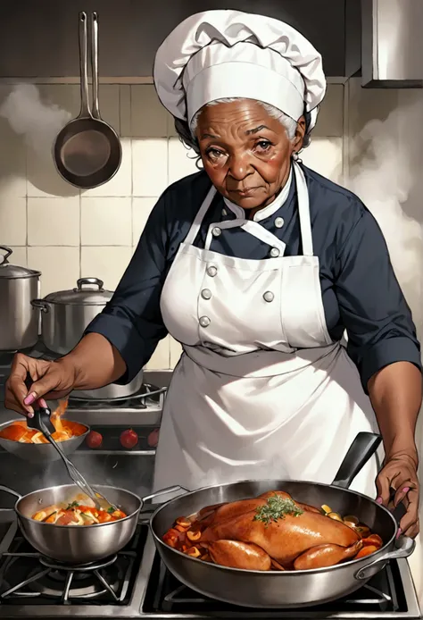 Created a drawing of an elderly black woman cook 