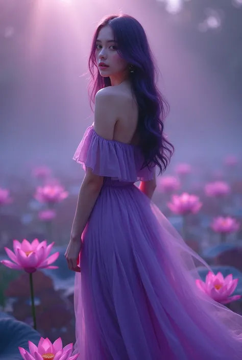 English woman 20 years old,skin fair,sparkling green eyes,dark purple hair,wearing a long purple transparent dress,stepped on several lotuses,She is serene,enarioposes,make-up,cinema image,品質,full body images,detailed,full body image,high resolution,Tuuli,...