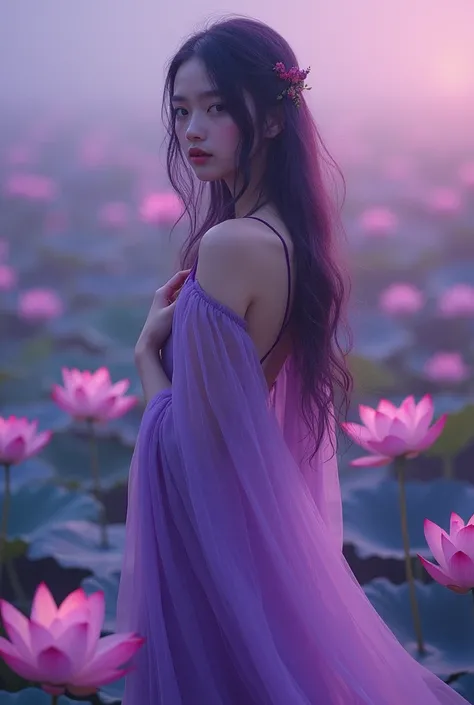 English woman 20 years old,skin fair,sparkling green eyes,dark purple hair,wearing a long purple transparent dress,stepped on several lotuses,She is serene,enarioposes,make-up,cinema image,品質,full body images,detailed,full body image,high resolution,Tuuli,...