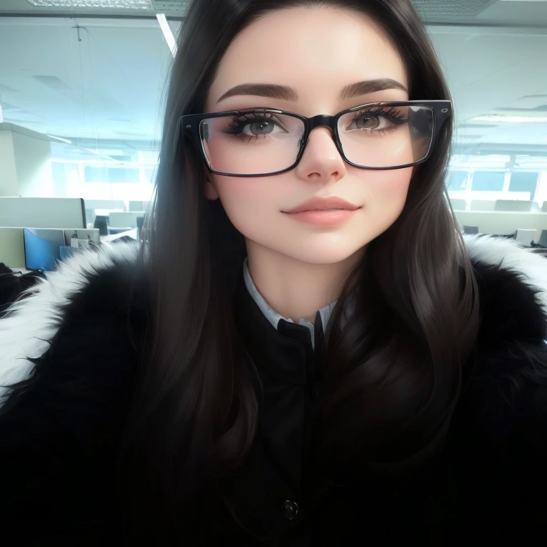 arafed woman com glasses and a furry coat taking a selfie, in the office, com glasses, looking directly at the camera, glasses de lentes grossas, very very low quality, longos cabelos pretos ondulados e glasses, usando glasses de aros pretos, very very low...