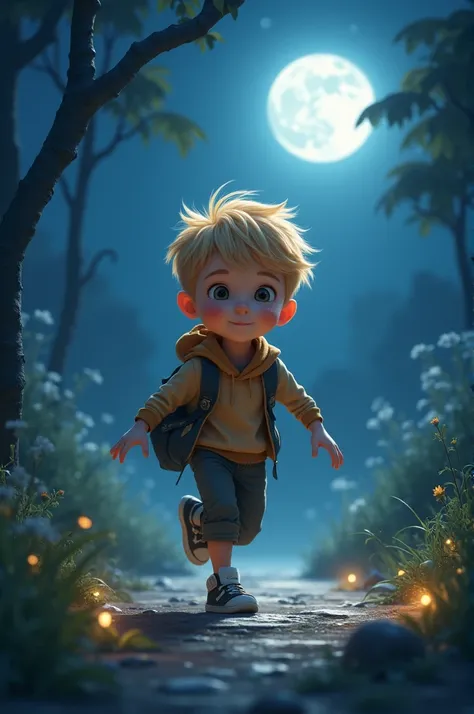  boy, very blond playing in the moonlight at night