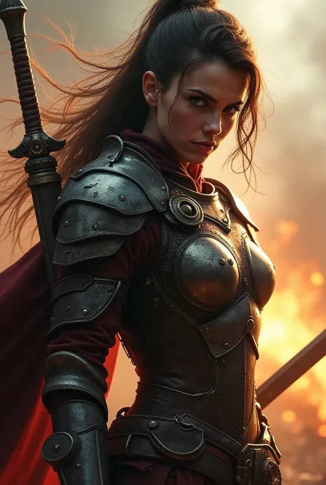 A fierce female warrior, detailed armor, battle-worn and determined expression, intense fire and smoke in the background, dramatic lighting, cinematic composition, muted color palette, gritty realism, digital art, detailed textures, dramatic atmosphere, po...