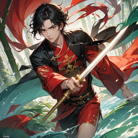 A Handsome black-hair male holding a large sword in an red-white ancient chinese costume, close up.

The back is a lush green bamboo forest. The air after rain has water droplets splashing around.