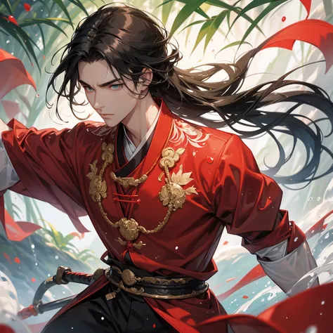 A Handsome black-hair male holding a large sword in an red-white ancient chinese costume, close up.

The back is a lush green bamboo forest. The air after rain has water droplets splashing around.