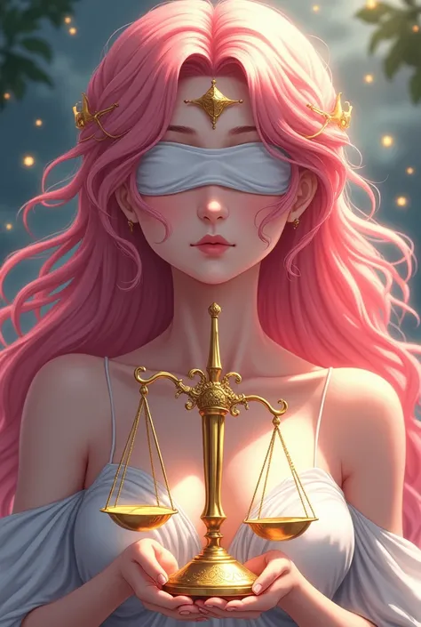 Generates an image of the Goddess Aphrodite, Deep gaze with blindfolds on, with pink hair holding the golden scale of the Libra sign where the center of the scale is a sword and measures the value of the mind and heart in an anime version