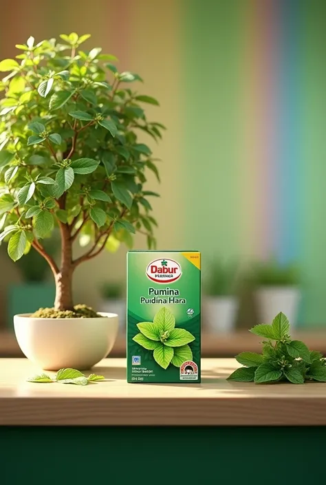 (photorealism:1.2), beautiful counter display for the Dabur pudina Hara , a tree is on top of counter, in the background rainbow, a men with acidity problem faced, a target space are made for the taking of package of dabur pudina Hara, graphic must be