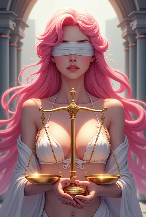 Generates an image of the Goddess Aphrodite, Deep gaze with blindfolds on, with pink hair holding the golden scale of the Libra sign where the center of the scale is a sword and measures the value of the mind and heart in an anime version