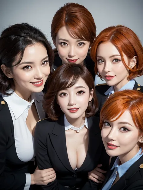 three extremely sexy women in stewardess outfits, looking at camera, cute smiles, happy opened mouths, goth eye makeup, close up faces portrait, short curly orange hair, view from below