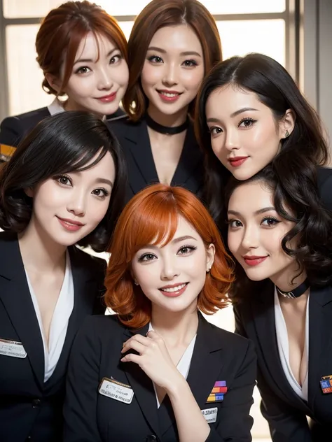 three extremely sexy women in stewardess outfits, looking at camera, cute smiles, happy opened mouths, goth eye makeup, close up faces portrait, short curly orange hair, view from below