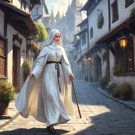 Medieval Europe，During the day，A nun in a night-white monastic robe，Strolling the city streets。Mid-ground composition，Game illustration style，Magic style，Suitable for card illustrations。