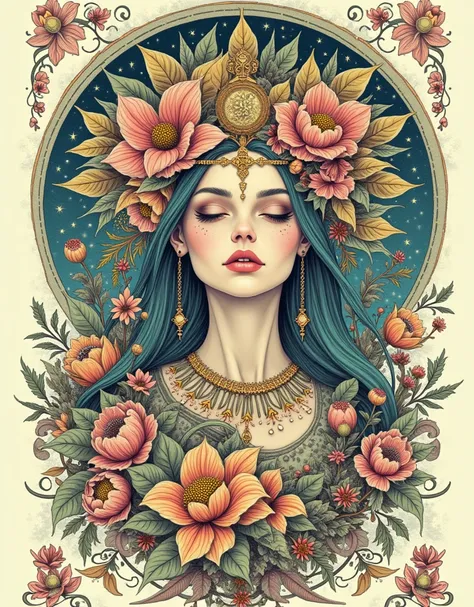 A tarot card of a gorgeous beautiful elf warrior queen, fractal magic, illustration in the style of Travis Charest, ink linework, poster, Elle Fanning model, cgsociety, fantasy art, detailed illustration, mystical, A botanical masterpiece, detailed, hyper-...