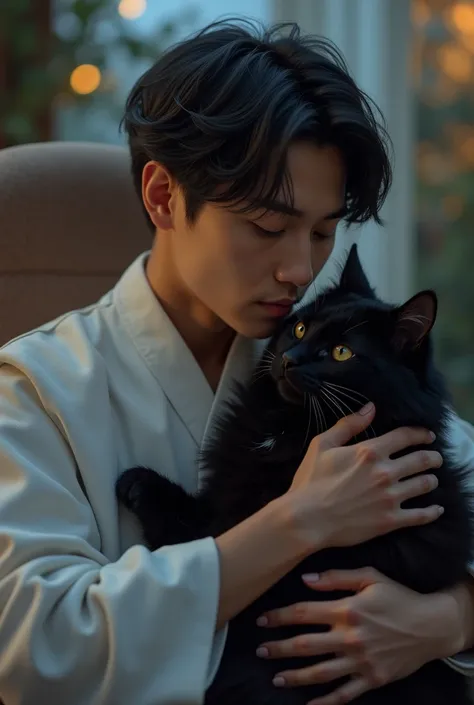 (photorealism:1.2), a 20 years old handsome and innocent biracial filipino-korean seminarian man, wearing a white sonata, sitting on chair, holding a black cat, sexy vibe, twilight theme background, love and affection in cat pose, realistic, intricate deta...