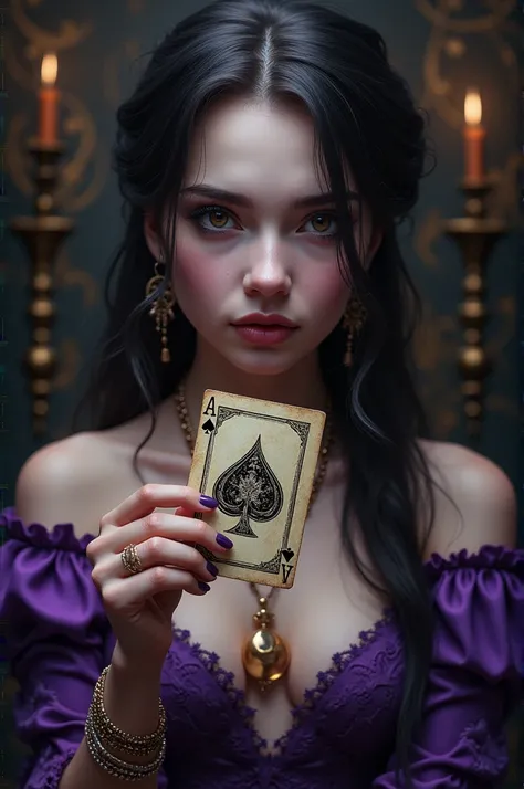 Purple golden black theme, realistic girl, holding ace of spades card in hand