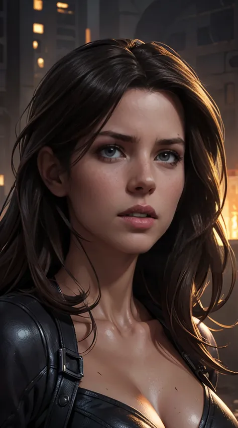 Hyperrealistic close-up photo of Kate Beckinsale, work of art, best qualityer, (photorrealistic:1.4), Create dystopian work of arts. Depict the cityscape in the gritty style of the game&#39;s concept art. This work should evoke a feeling of abandonment and...