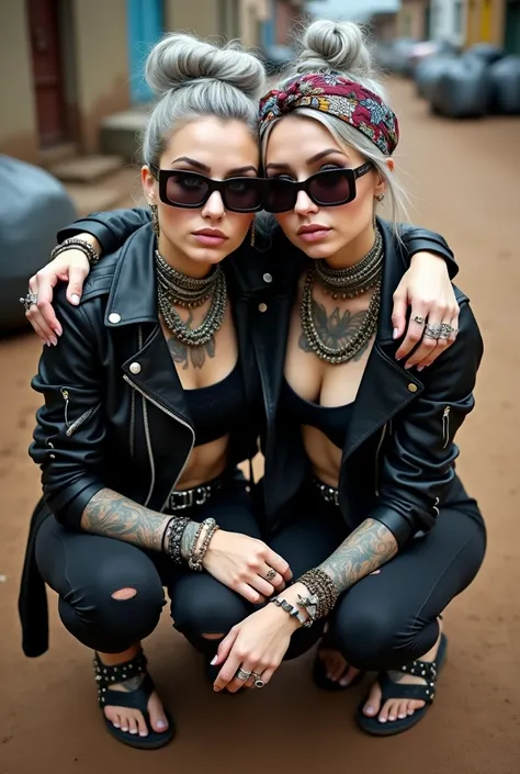 Two russian milf women,  grey hair (bouffant, top bun) and oversized square sunglasses and wide  colourful bandana as headband, with very light green eyes, extremely pale. Big lips.  Aged cropped black moto jacket with side and sleeve zippers. Black lace p...