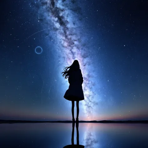 Many stars shine beautifully in the winter night sky., Long exposure of the starry sky、Many circular orbits are visible in the image., Silhouette of a young woman with long hair、Put your hands in your coat pockets、Looking up, Photo taken from a distance, P...