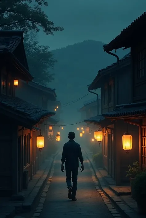 front view of man walking at night in a village of wooden houses with dim round lights 