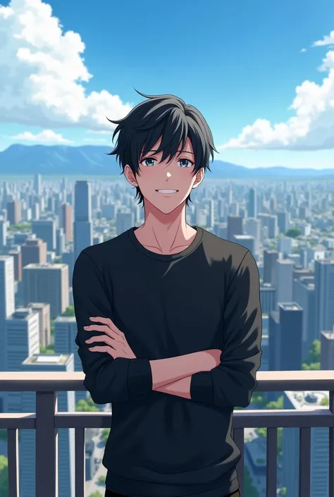 Create a man on a balcony happy with his arms crossed with medium bangs and sides of his hair cut with a black outfit looking at his city in anime version happy but not smiling
