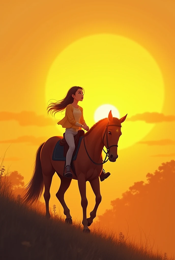 Anime, 2D drawing, women walking behind a horse, bigger yellow sunset scene