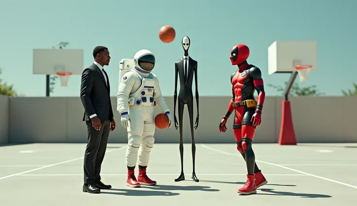 1 space suit guy, Slenderman wearing black suit, and a guy wearing Deadpool suit, all playing basketball