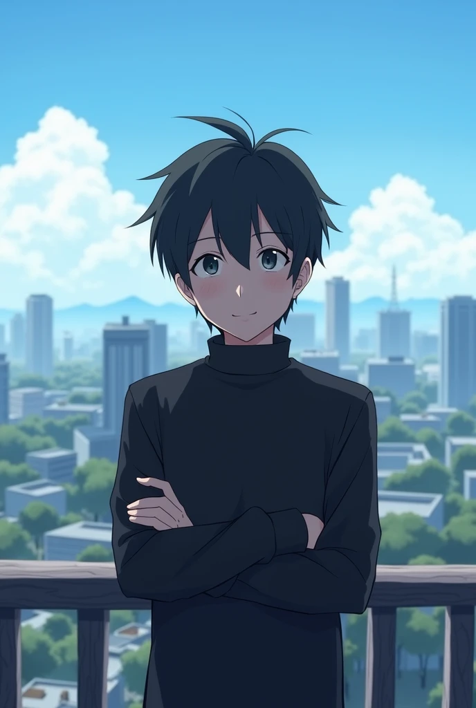 Create a man on a balcony happy with his arms crossed with medium bangs and sides of his hair cut with a black outfit looking at his city in anime version happy but not smiling with his arms on top of the balcony railings
