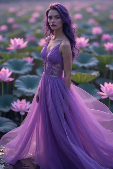 English woman 20 years old,skin fair,sparkling green eyes,dark purple hair,wearing a long purple transparent dress,stepped on several lotuses,She is serene,enarioposes,make-up,cinema image,品質,full body images,detailed,full body image,high resolution,Tuuli,...