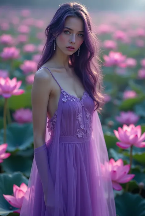 English woman 20 years old,skin fair,sparkling green eyes,dark purple hair,wearing a long purple transparent dress,stepped on several lotuses,She is serene,enarioposes,make-up,cinema image,品質,full body images,detailed,full body image,high resolution,Tuuli,...