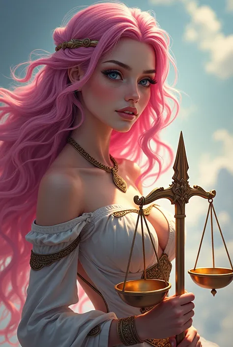 Generates an image of the Goddess Aphrodite, Deep gaze with blindfolds on, viking clothing, with pink hair holding the golden scale of the Libra sign where the center of the scale is a sword and measures the value of the mind and heart in an anime version