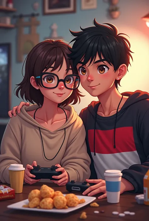 Anime cute gamer girl brown short hair and brown eyes wearing cute glasses big boobies, wearing a comfy sweatshirt with cool muscular dark haired dark eyes gamer guy wearing an indonesian flag printed on a vlack shirt playing on pc with snacks