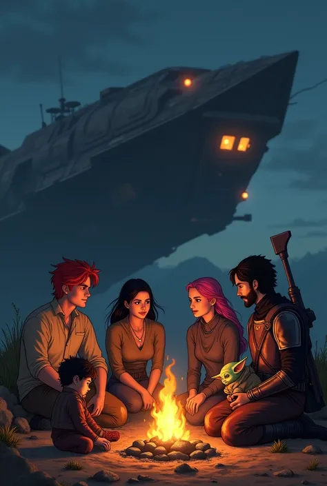 5 persons sitting at a campfire in front of the razor crest. First man has red hair, second man has black hair, first girl has pink hair, second girl has black hair and a man with mandalorian armor that holds baby Yoda