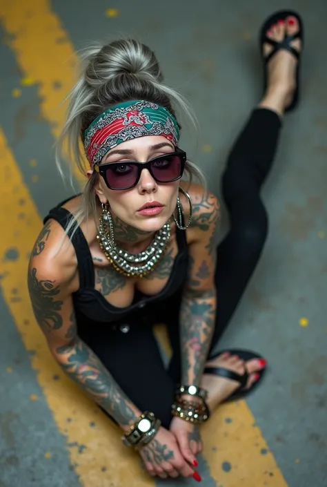 russian old milf woman,  grey hair (bouffant, top bun) and oversized square sunglasses and wide  colourful bandana as headband, with very light green eyes, extremely pale. Big lips.  Black lace push up bra, silicone breast,, black yoga pants Flip flops. Lo...