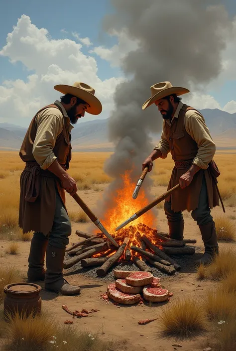 Fire barbecue on the ground in gaucho culture to paint 