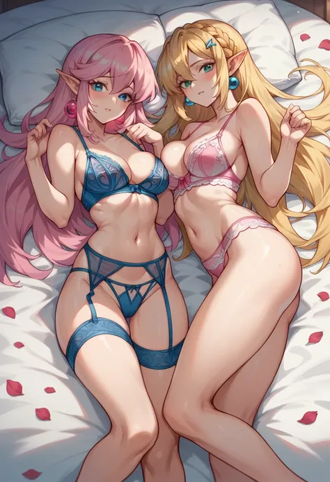 Princess Peach in pink lingerie, Princess Zelda in blue lingerie, Asuna Yuki in white lingerie, the dark magician in lingerie, the four of them lying on a bed in different sexy positions 