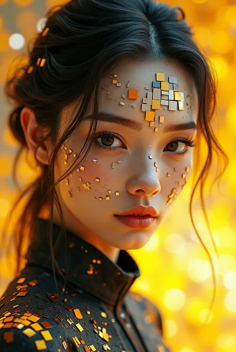 A futuristic, cinematic 3D mosaic portrait of a woman with an enigmatic gaze, captured in 3/4 view. The intricate mosaic squares are blended with traditional techniques—irregular lines, ink splashes, and knife-painting. Warm yellow hues and vibrant colors ...