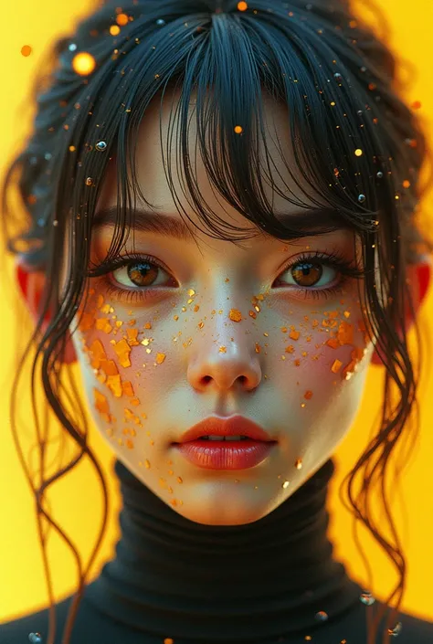 A futuristic, cinematic 3D mosaic portrait of a woman with an enigmatic gaze, captured in 3/4 view. The intricate mosaic squares are blended with traditional techniques—irregular lines, ink splashes, and knife-painting. Warm yellow hues and vibrant colors ...