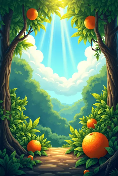 Illustration of a rainforest, with tangerines, Blue and sunny skies, lightrays, 
showing the floor,  playful and , no animals