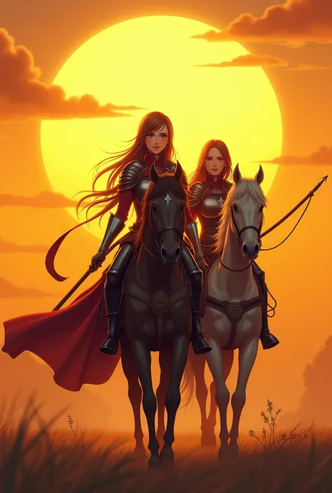 A highly detailed 2D anime style illustration, 2 warrior women walking behind a horse in a large yellow sunset landscape, beautiful detailed eyes, beautiful detailed lips, extremely detailed faces, long eyelashes, intricate armor, detailed fabric textures,...